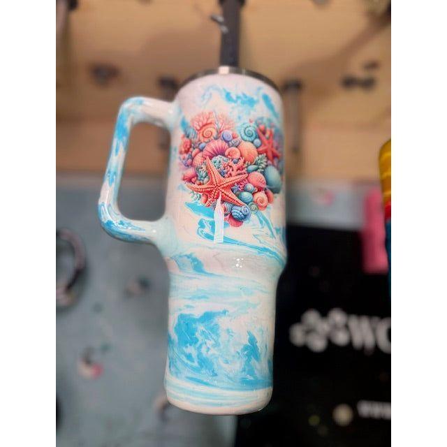 #302 Aqua and White Marble w/ Crystal Swirls and Ocean Heart on 40oz Tumbler