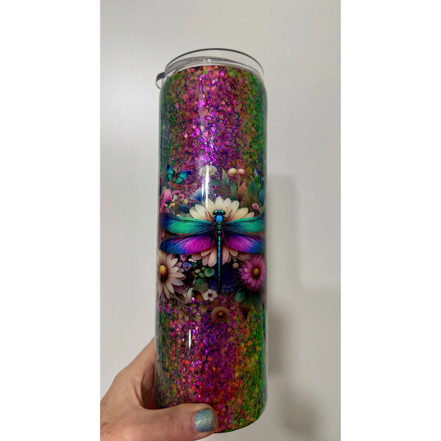 #315 Dragon Fly with Flower Design over Glitter on 30oz Tumbler