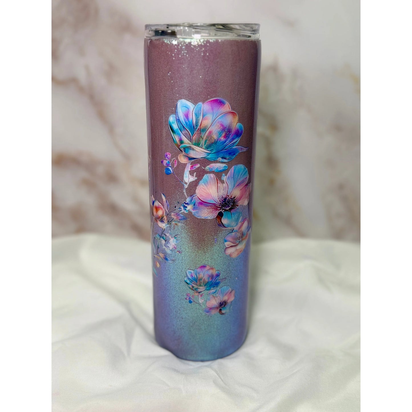 Pink Crystal Shimmer with Floral Designs on 30oz Tumbler