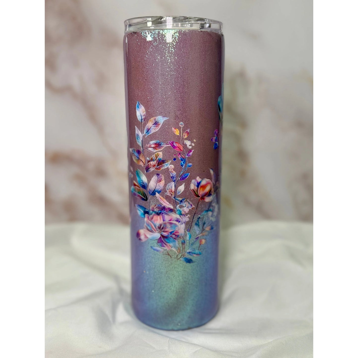 Pink Crystal Shimmer with Floral Designs on 30oz Tumbler