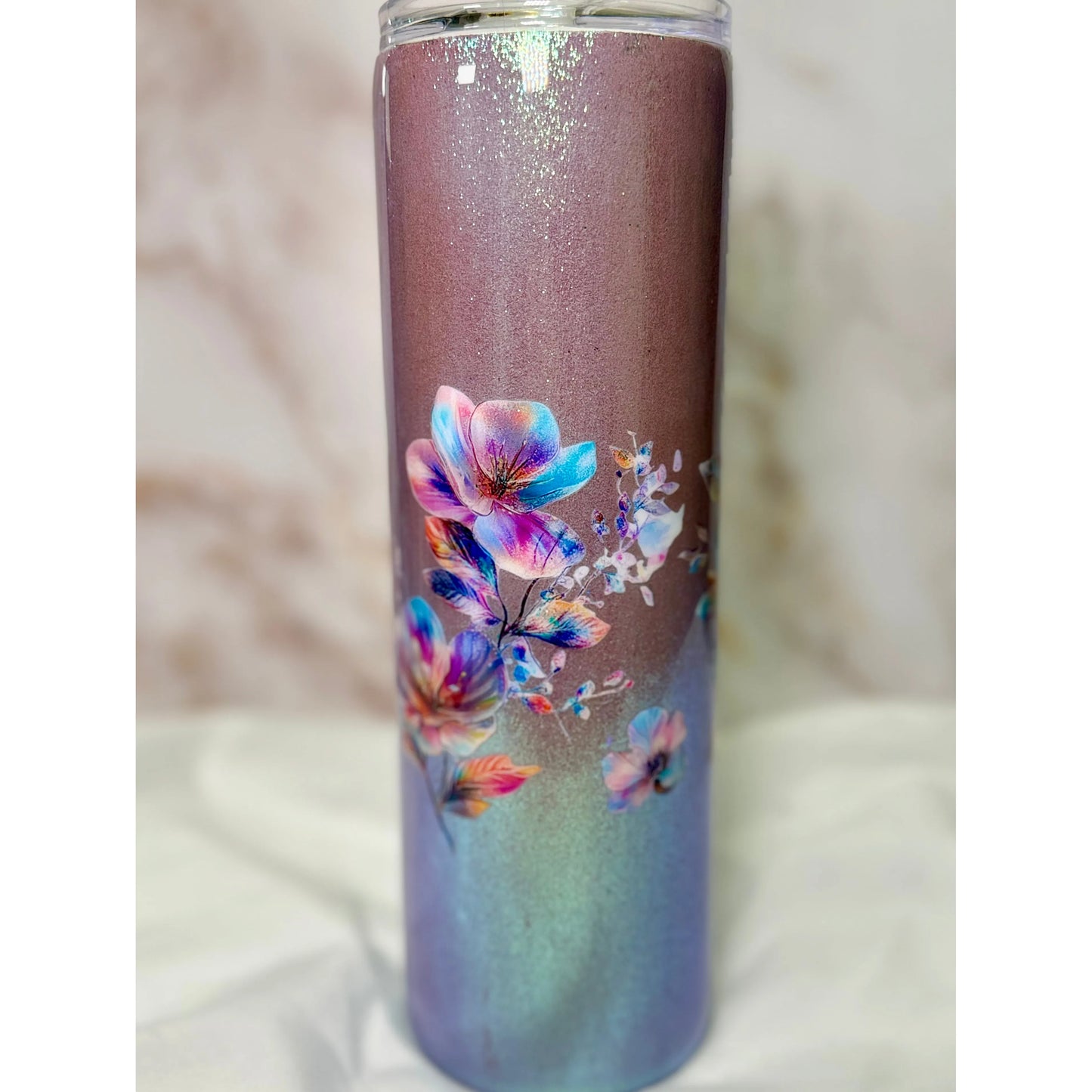 Pink Crystal Shimmer with Floral Designs on 30oz Tumbler