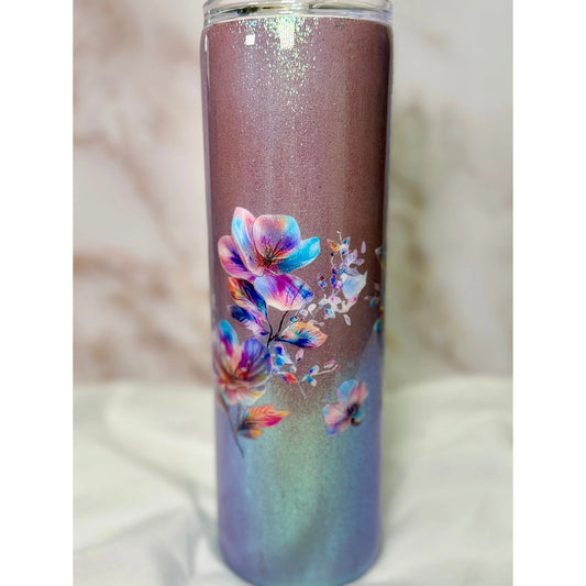 Pink Crystal Shimmer with Floral Designs on 30oz Tumbler