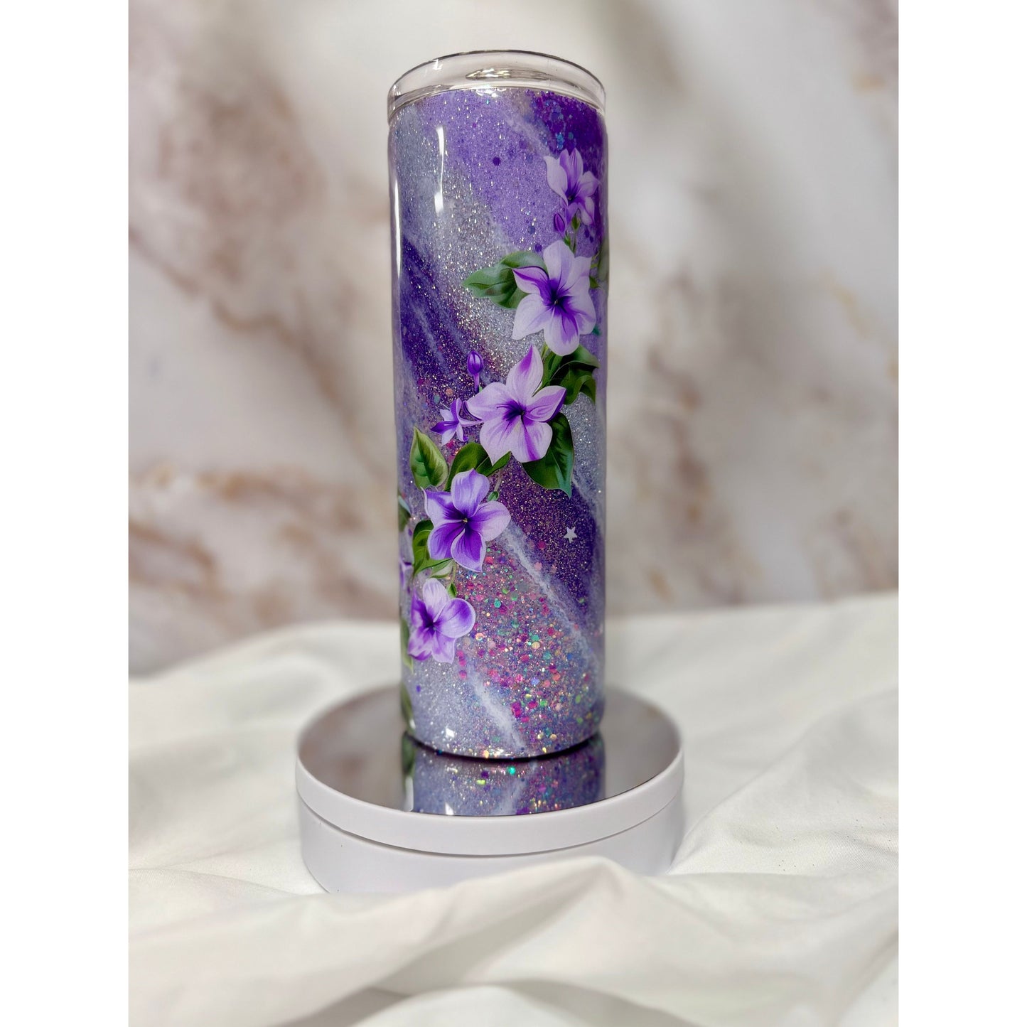 #325 Purple Glitter Milky Way with Flower Swirl on 20 Oz Tumbler