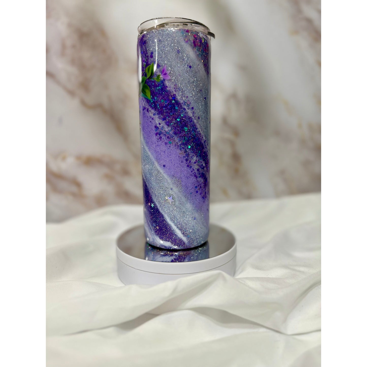 #325 Purple Glitter Milky Way with Flower Swirl on 20 Oz Tumbler