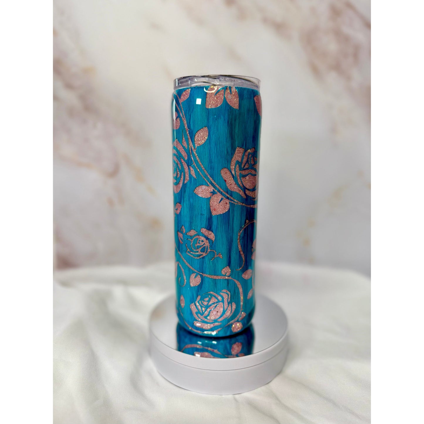 #308 Aqua Wood Grain and Pink Glitter Peek-a-boo Rose 20oz Tumbler