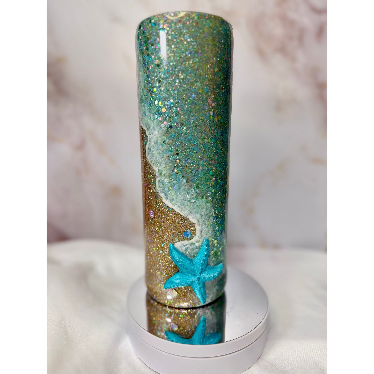 Vertical Gold and Aqua Glitter Beach Tumbler