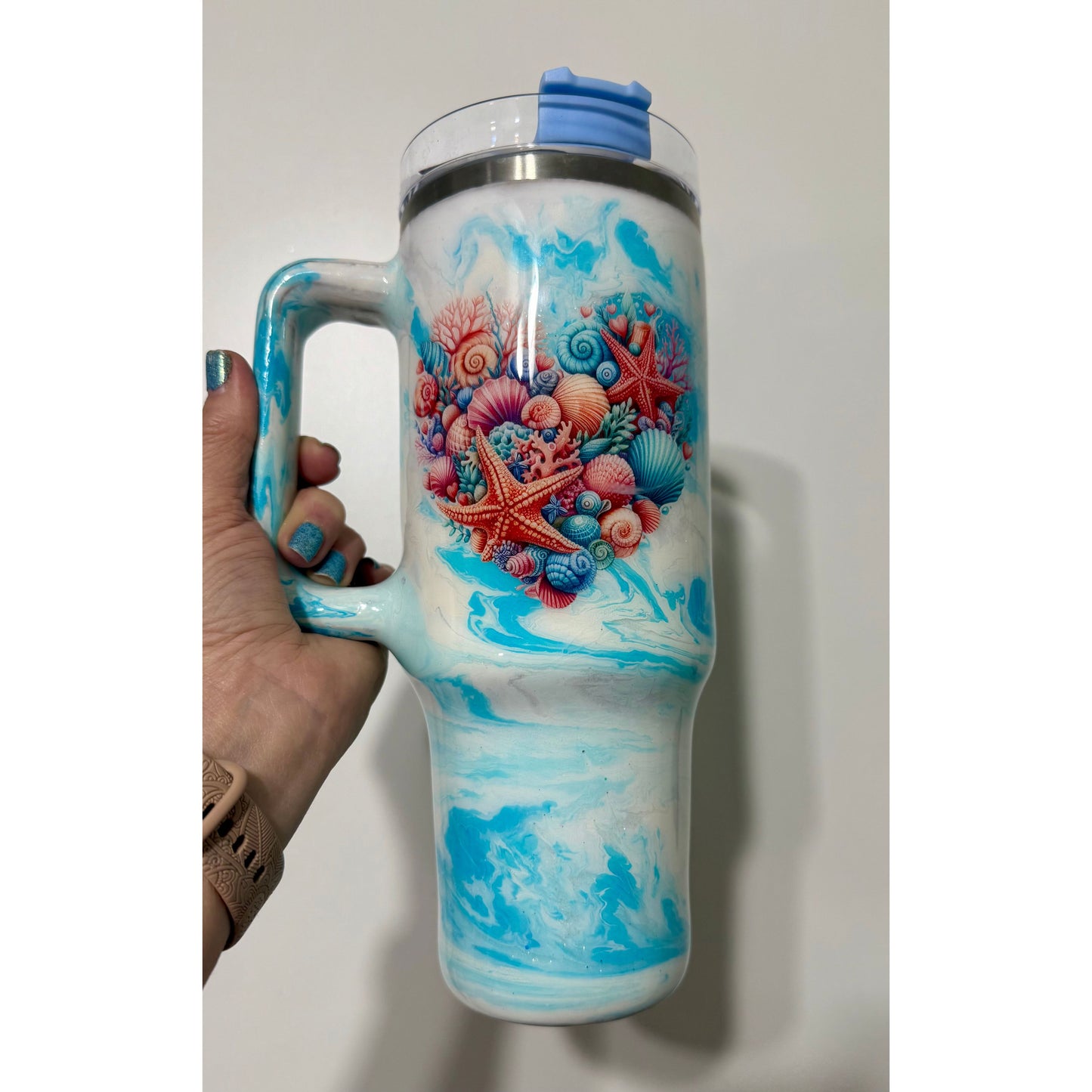 #302 Aqua and White Marble w/ Crystal Swirls and Ocean Heart on 40oz Tumbler