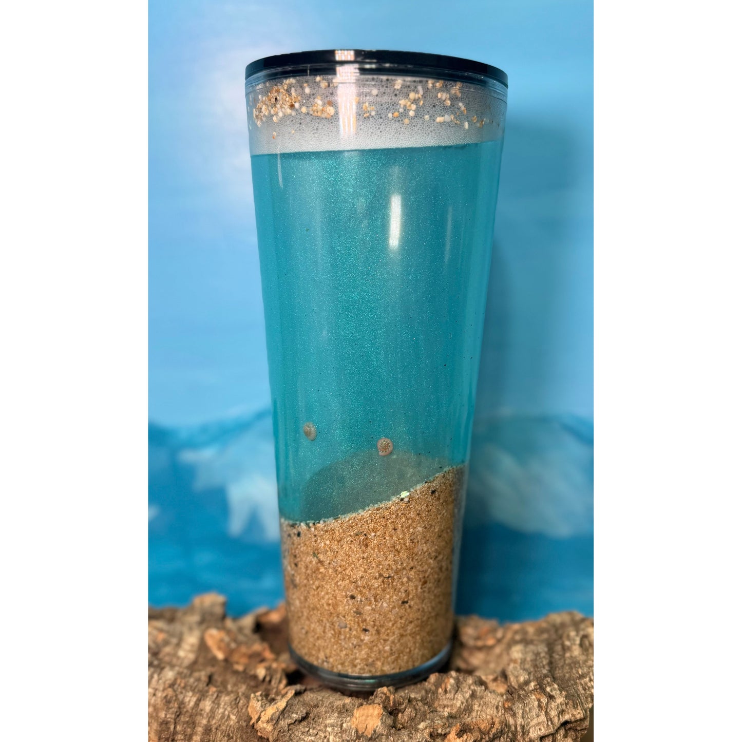 Ocean and Sand 24oz Acrylic Snow Globe Tumbler with BLACK Screw on Lid