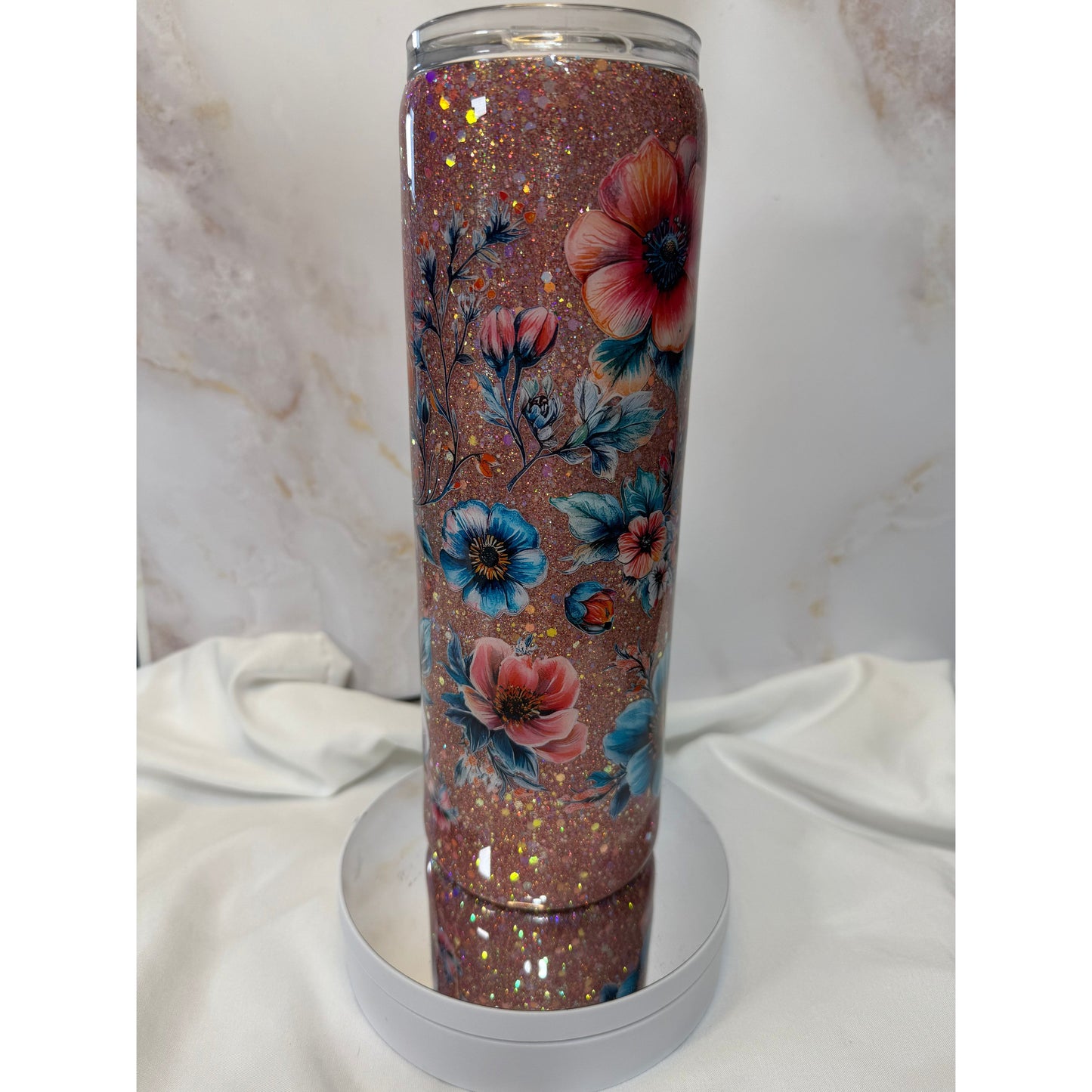 #503 Glitter Peach and Teal Flowers Stainless Steel Tumbler