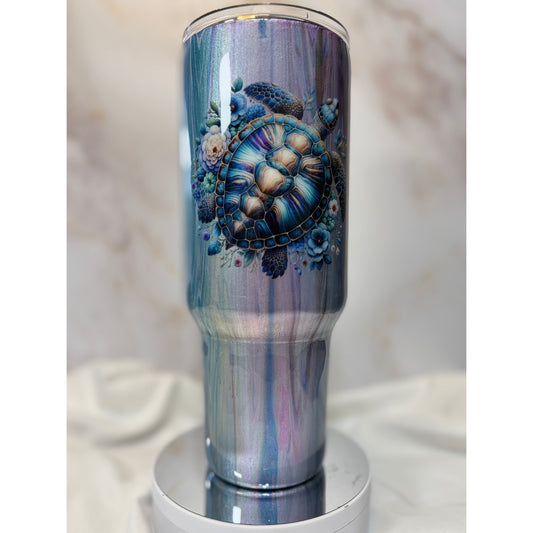 #527 Paint Pour in Purples and Blues with Turtle Design Tumbler