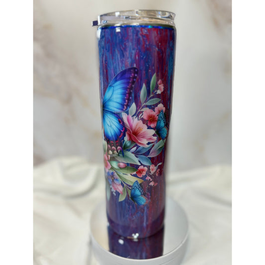 #529 Colorful Paint Pour with Butterfly and Flowers