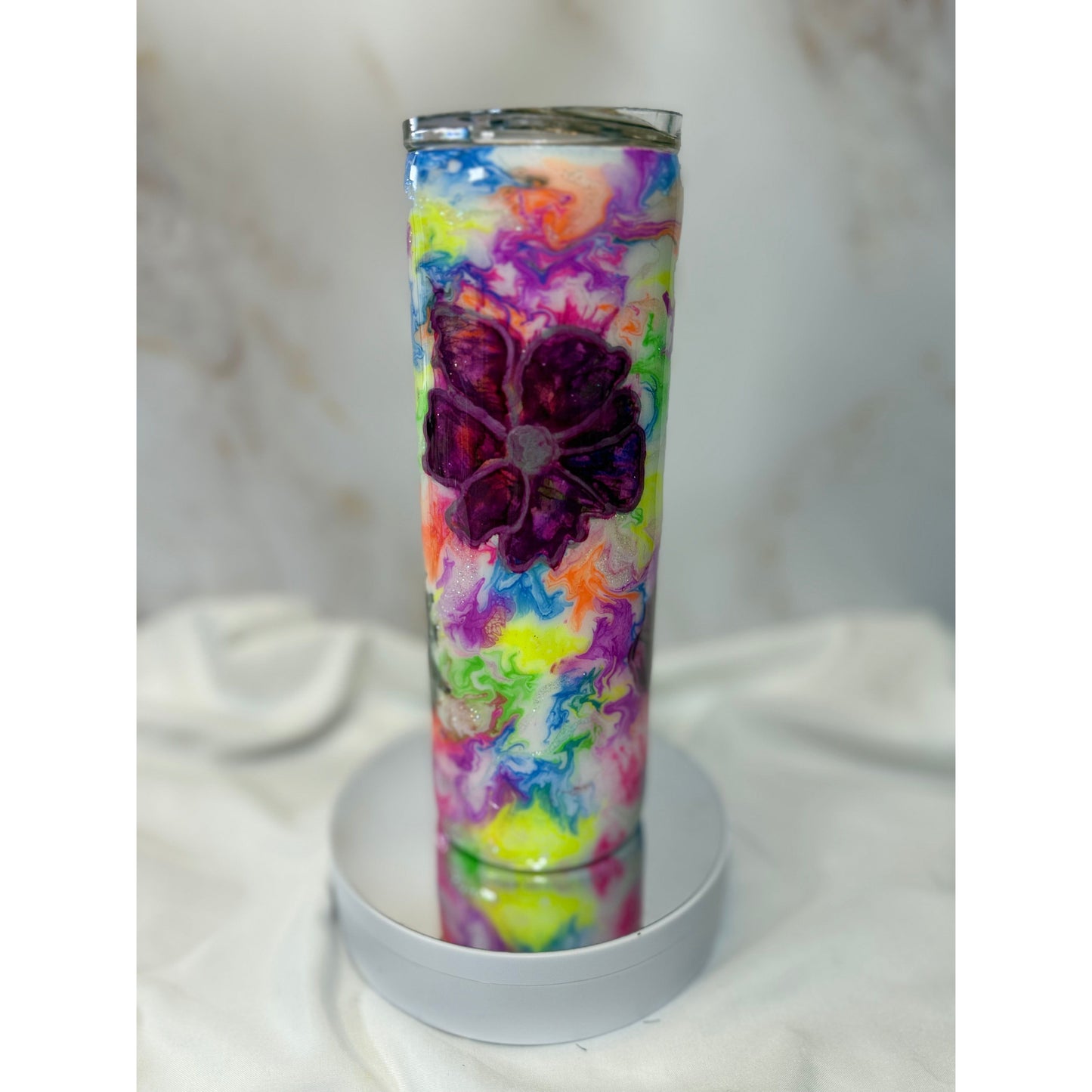 #531 Neon Drop Ink Swirl with Matching Purple Air Flowers 20oz Tumbler