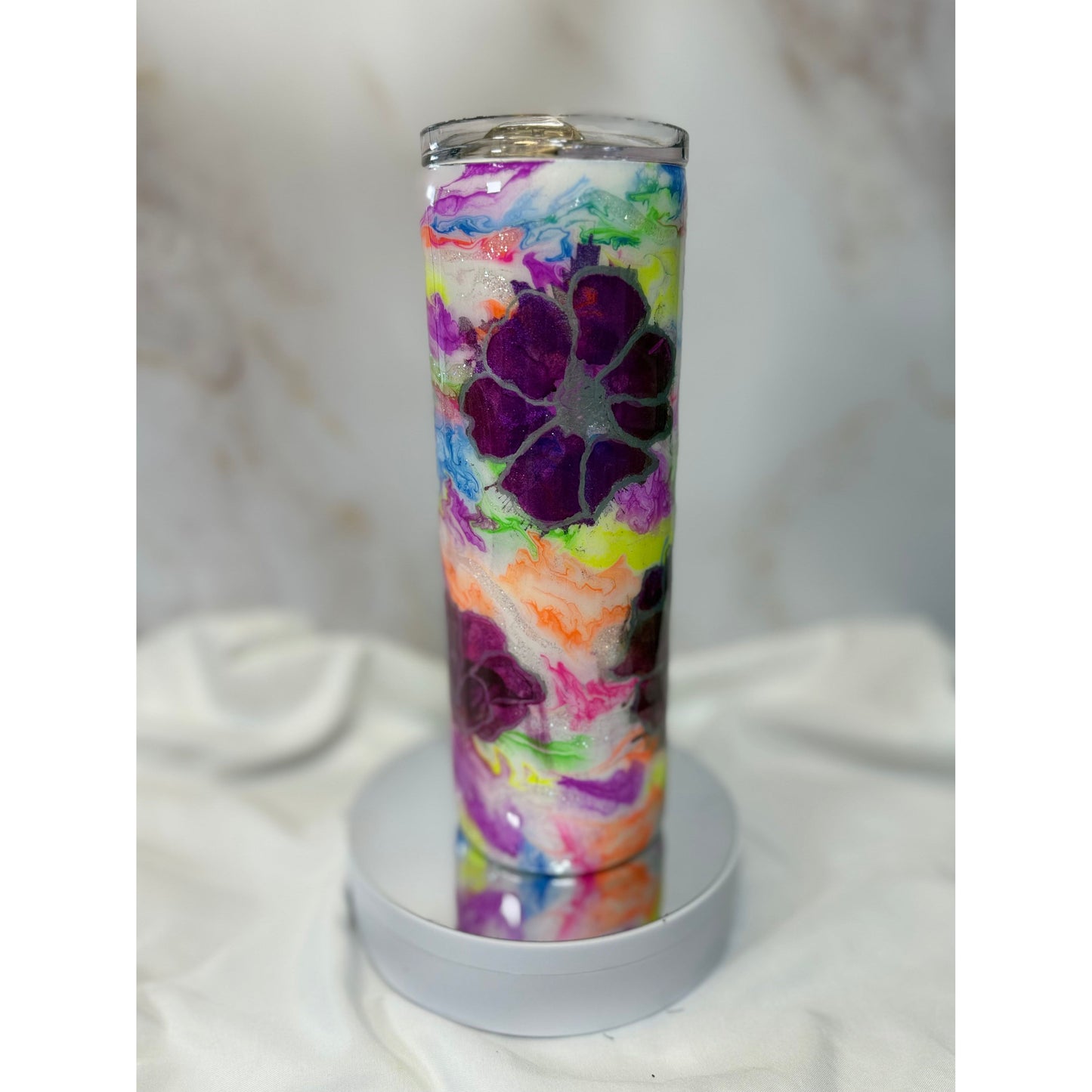 #531 Neon Drop Ink Swirl with Matching Purple Air Flowers 20oz Tumbler