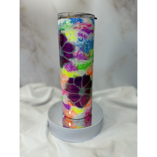 #531 Neon Drop Ink Swirl with Matching Purple Air Flowers 20oz Tumbler