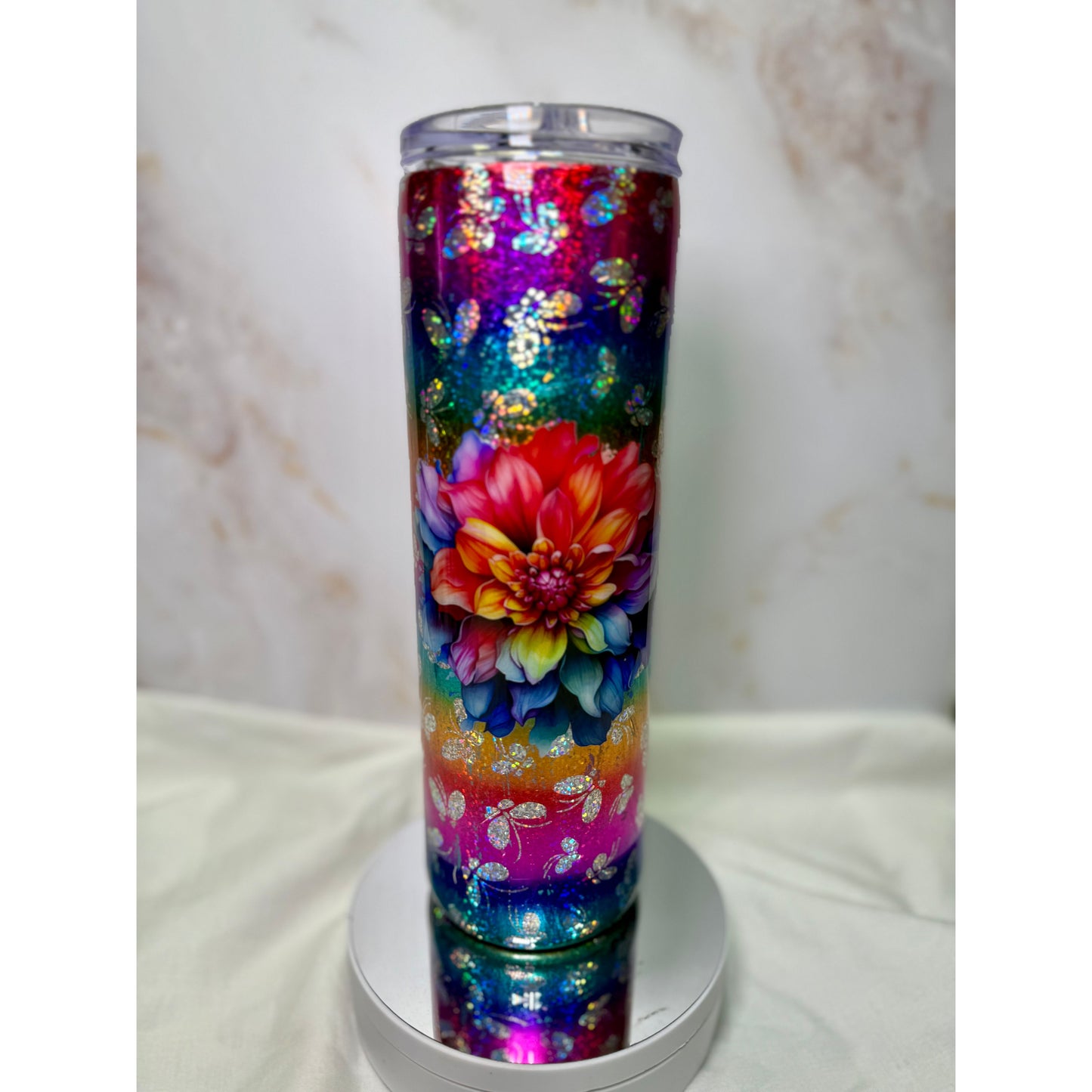 #605 Rainbow Butterfly Foil with Flower on 30oz Stainless Tumbler
