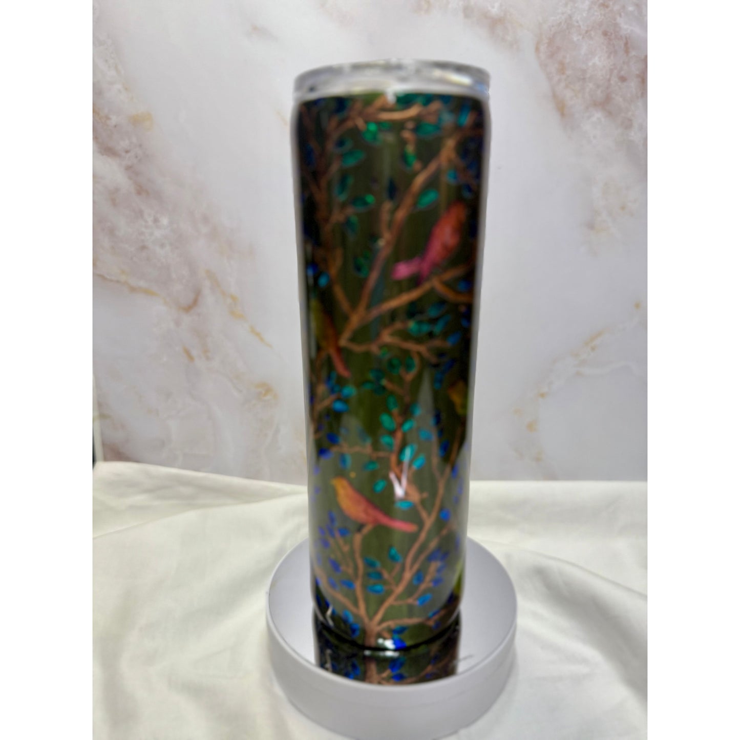 #622 Hand Painted Birds In The Tree Overlay on a 30oz Stainless Tumbler
