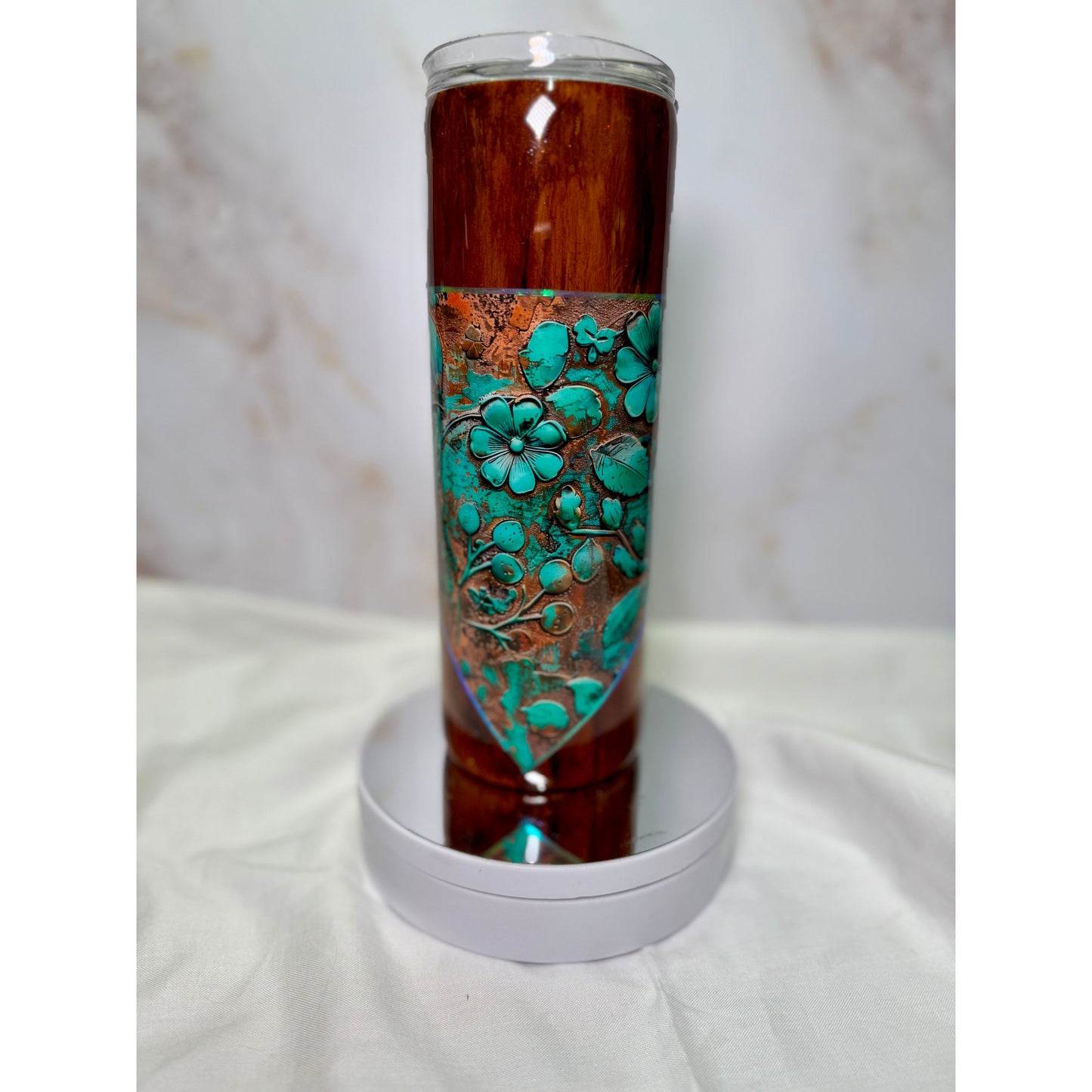 #611 Wood Grain with Turquoise wrap on 20oz Stainless Tumbler