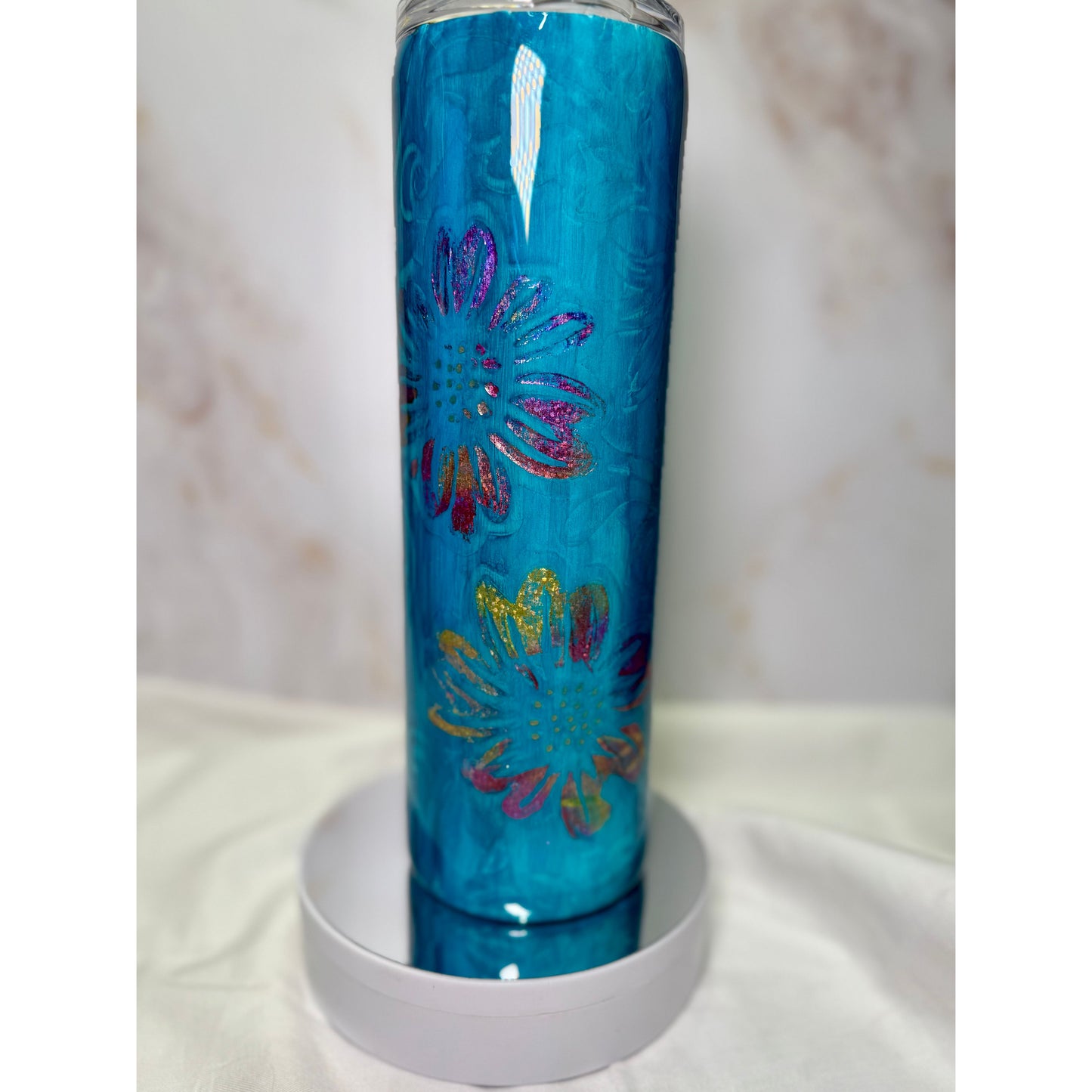 #627 Blue Wood Grain with 3D Overlay and Foiled Flowers on Stainless 30oz Tumbler