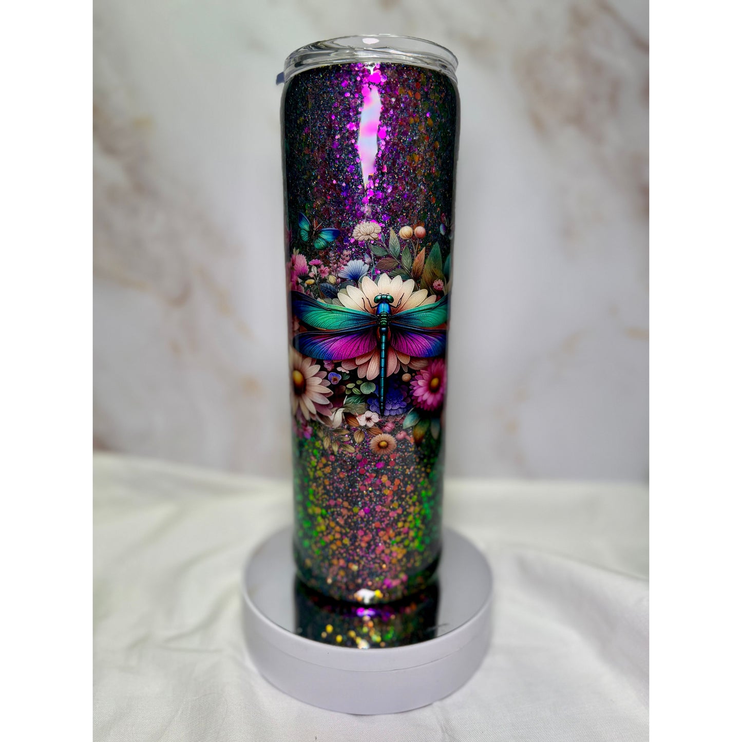 #628 Sparkling Chameleon Glitter with Matching Dragonfly on 30oz Stainless Tumbler