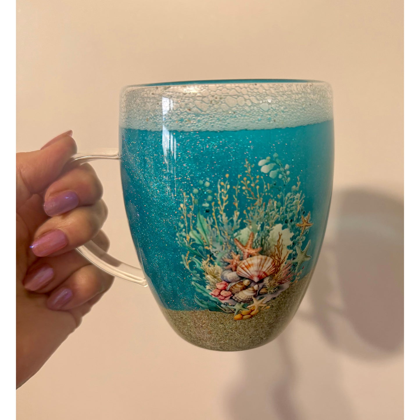 Ocean and Sand Snow Globe 14oz Glass Coffee Cup with Spoon