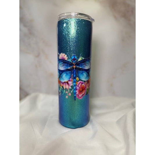 #221 Dragon Fly and Flowers over Mirror Blue on 30oz Tumbler