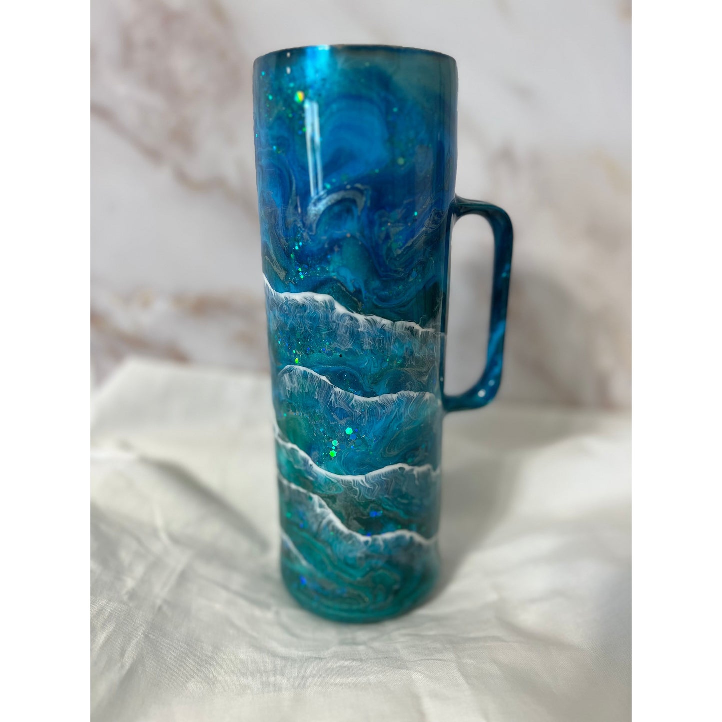 Aqua Ocean with Waves on 30 oz Handled Skinny Tumbler