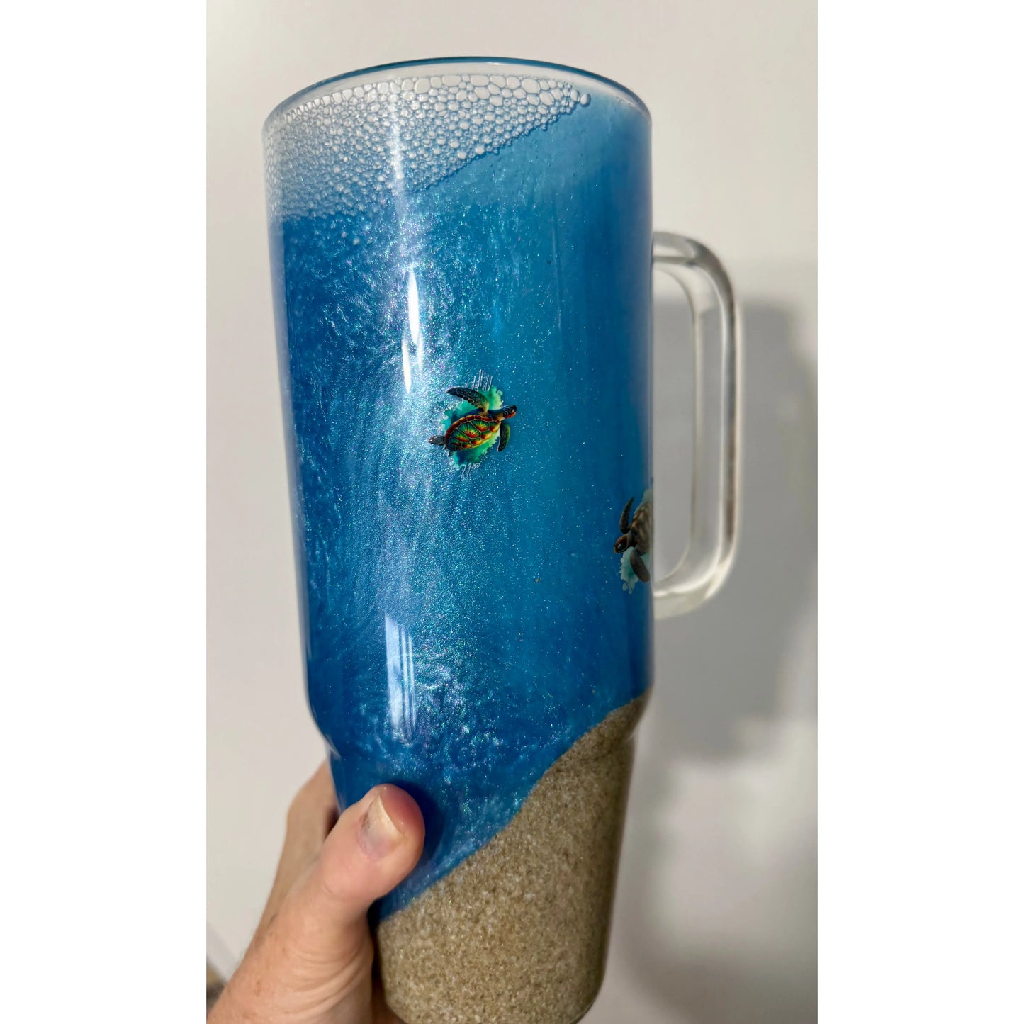 Ocean and Sand 40oz Glass Snow Globe Tumbler with Bamboo Lid