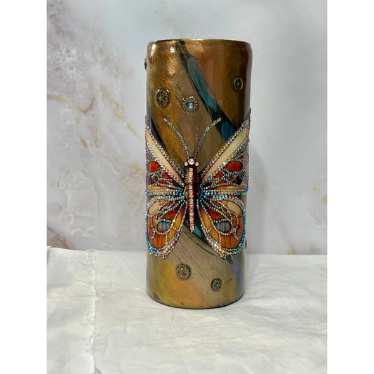 Rhinestone Butterfly 3D Steam Punk Design on Stainless Steel 30 oz Fatty Tumbler