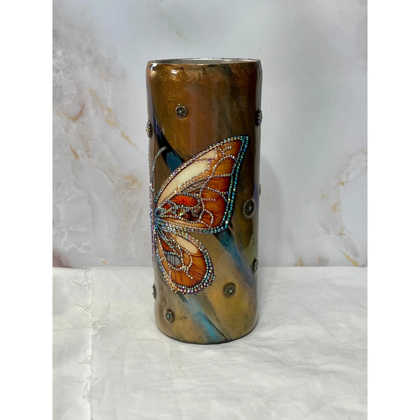 Rhinestone Butterfly 3D Steam Punk Design on Stainless Steel 30 oz Fatty Tumbler