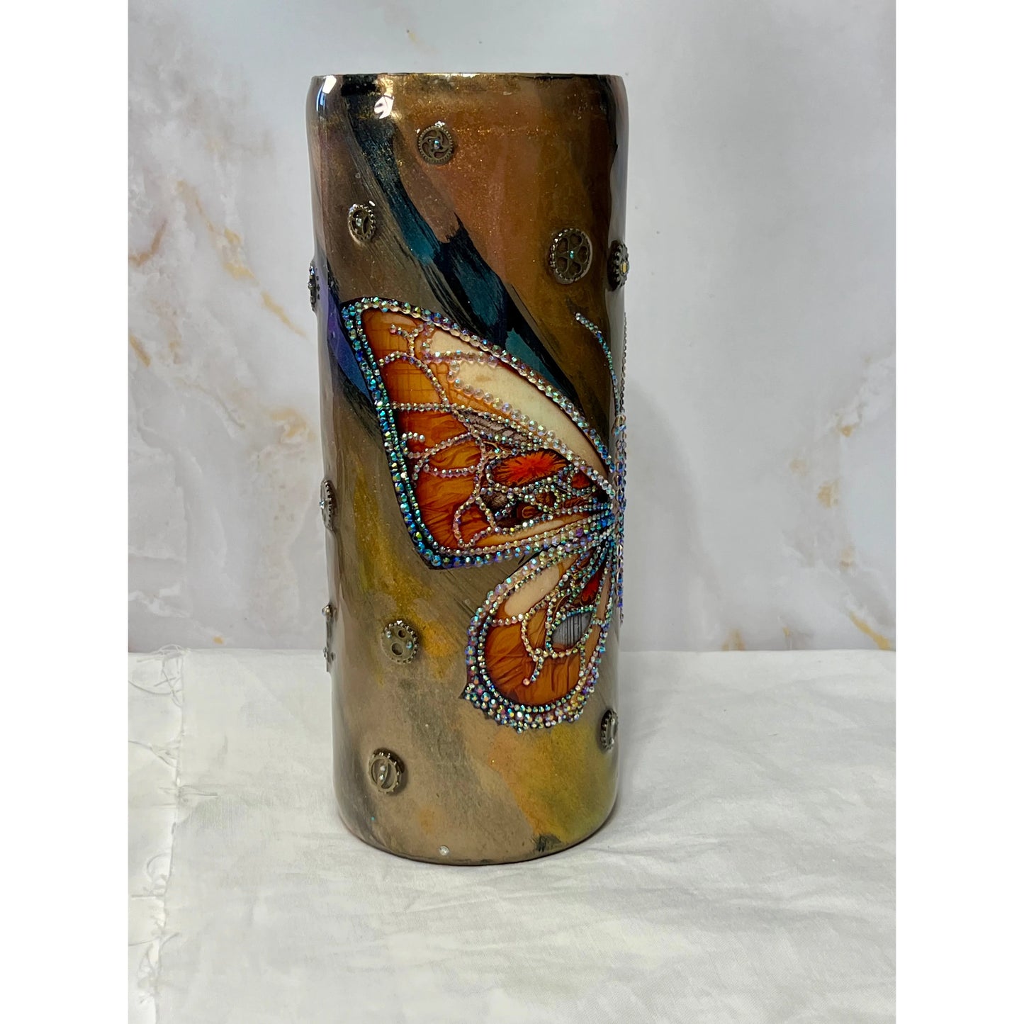 Rhinestone Butterfly 3D Steam Punk Design on Stainless Steel 30 oz Fatty Tumbler