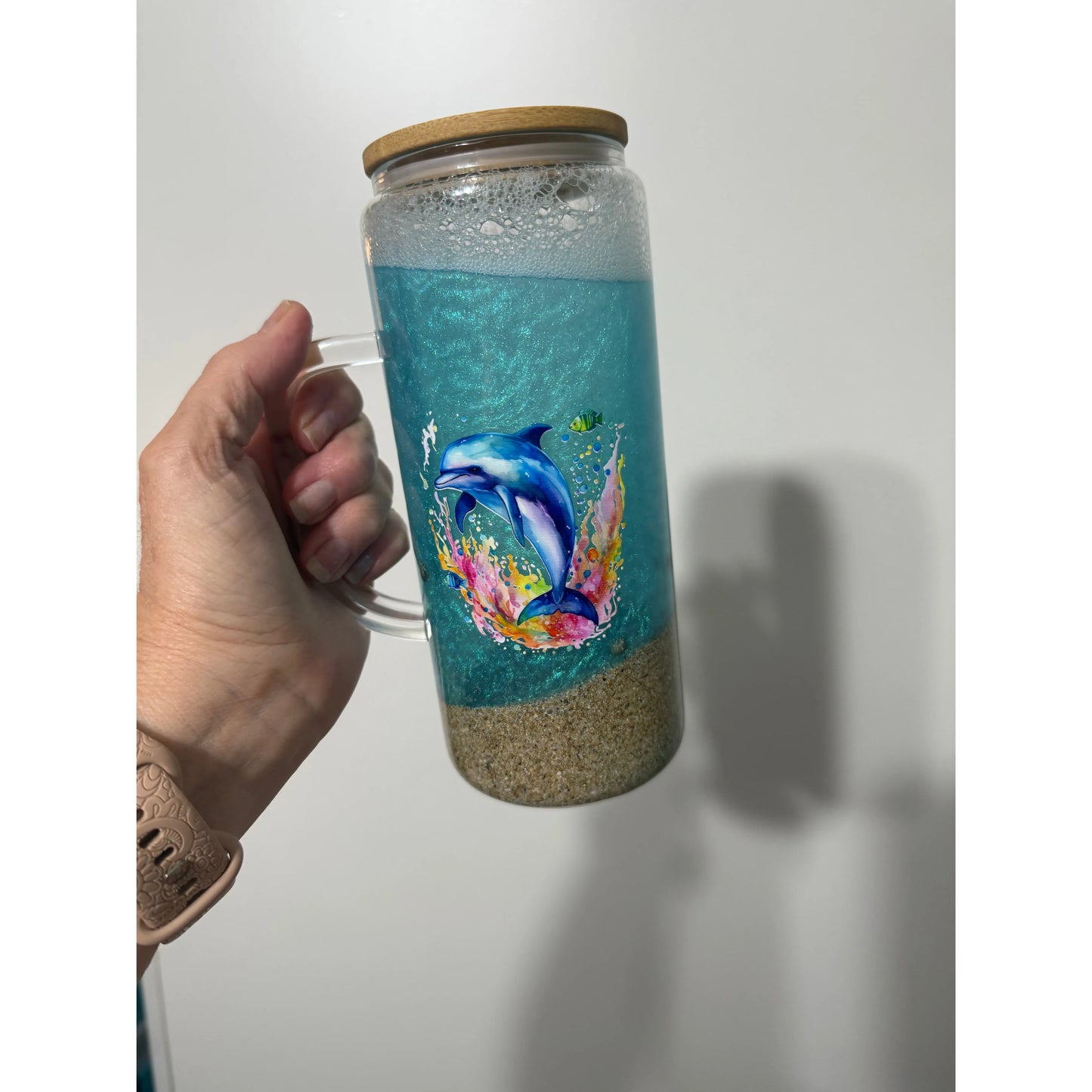 Ocean and Sand 20oz Glass Snow Globe Tumbler with Handle