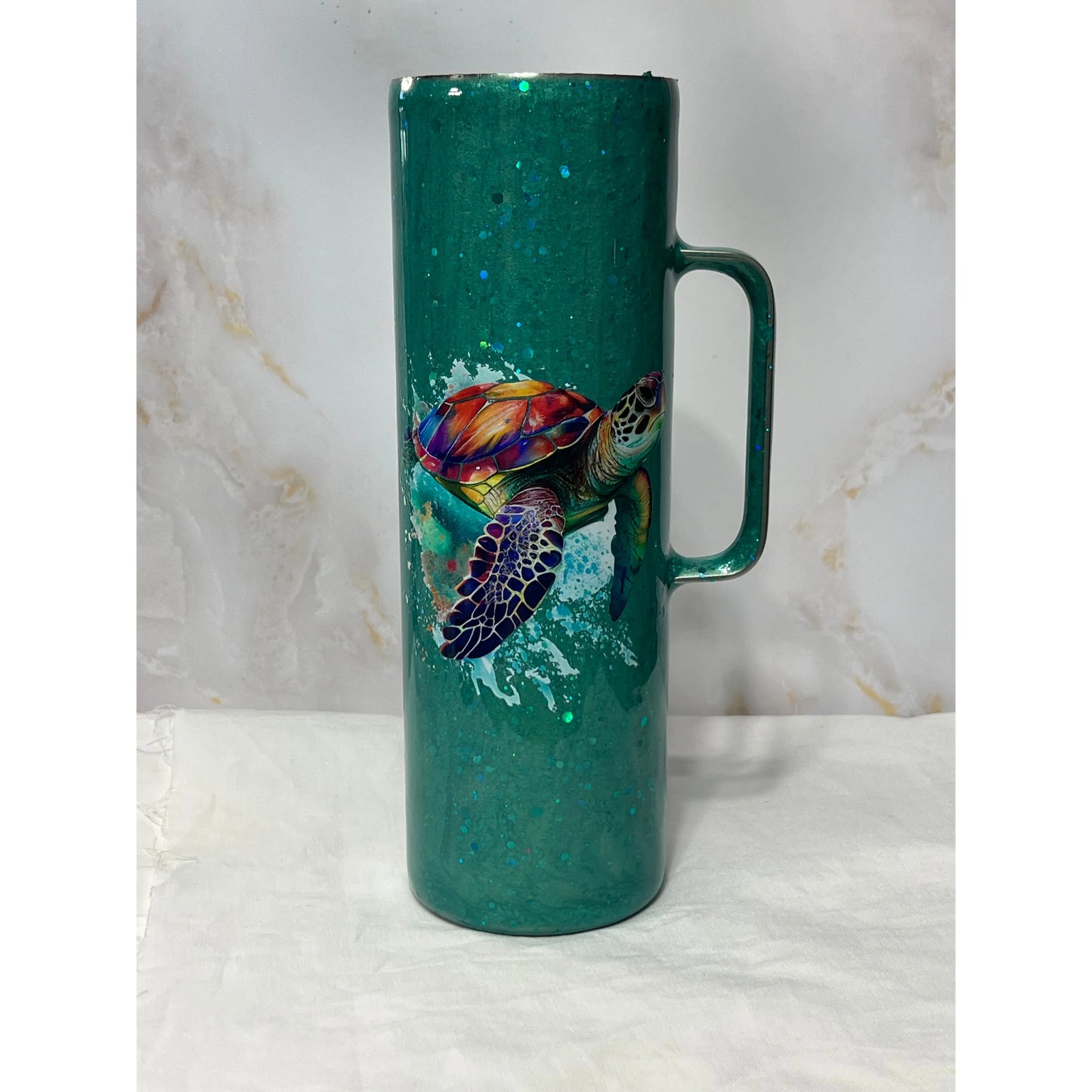 #128  Turtle Cup on Shimmery Aqua Glitter on Stainless Steel 30 oz Handled Tumbler