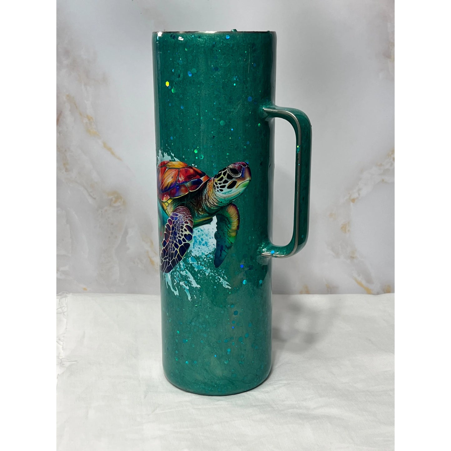 #128  Turtle Cup on Shimmery Aqua Glitter on Stainless Steel 30 oz Handled Tumbler