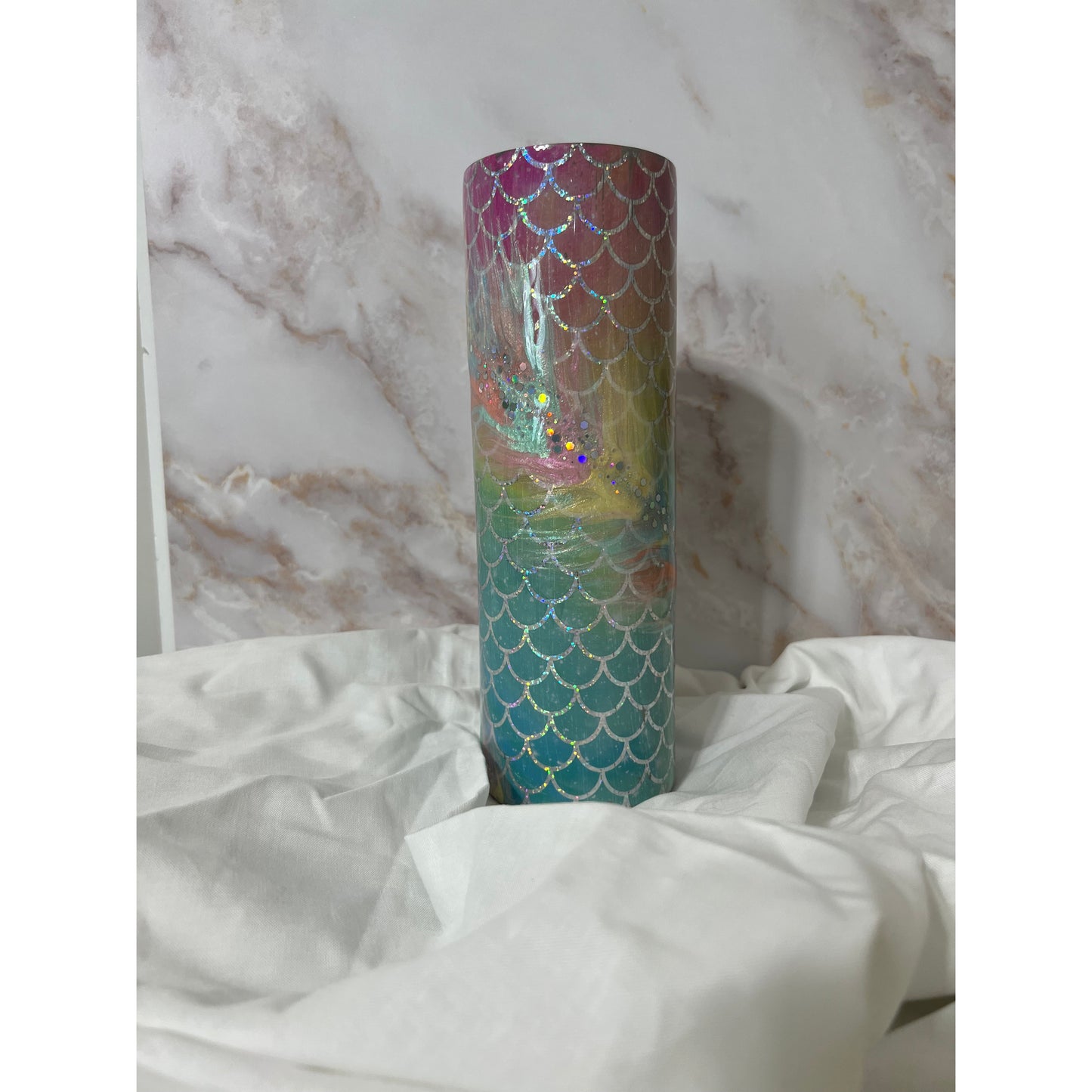 Mermaid Foil and Pastel Rainbow Feather on 30 oz Stainless Steel Tumbler