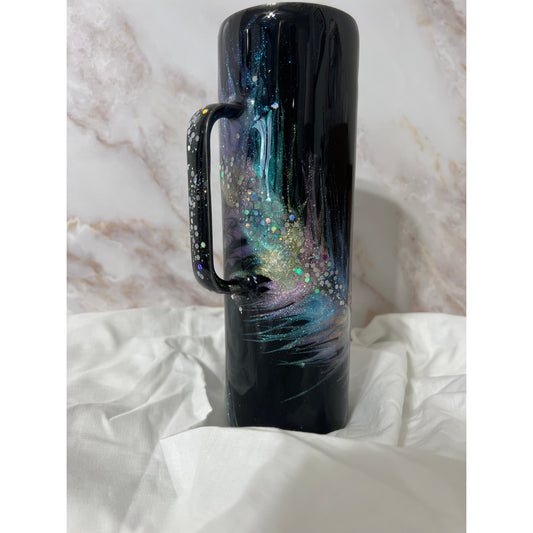 Black Based Ghost Mica Feather Design on Stainless Steel 30 Oz Handled Tumbler