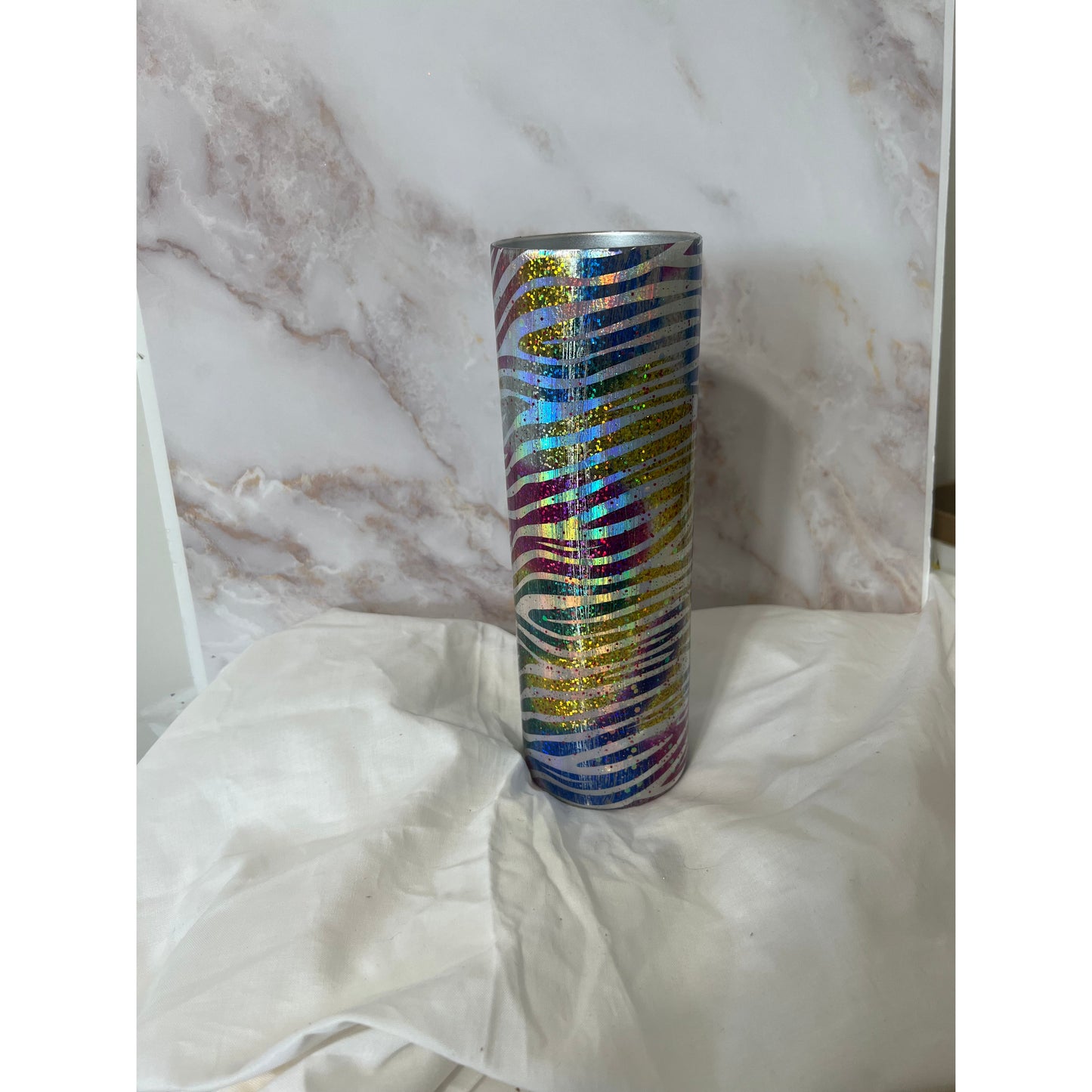 Zebra Rainbow Foil on a 20 oz Stainless Steel Tumbler Design