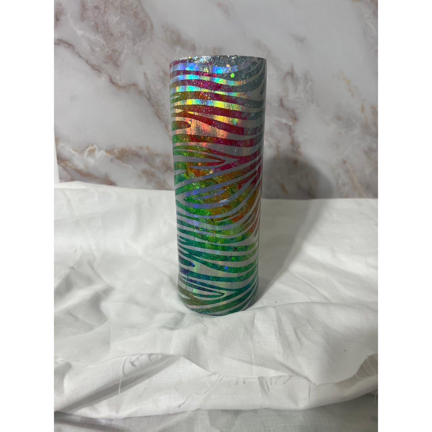 Zebra Rainbow Foil on a 20 oz Stainless Steel Tumbler Design