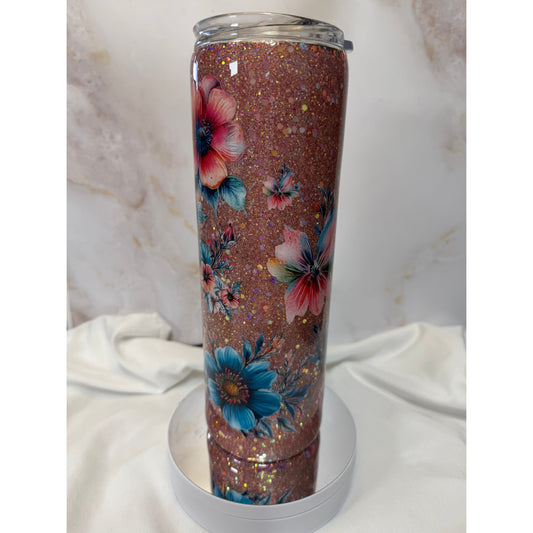 #503 Glitter Peach and Teal Flowers Stainless Steel Tumbler