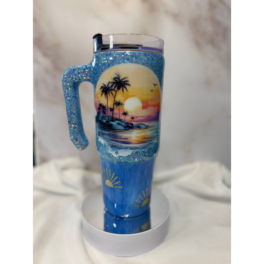 #510 Sparkly Blue Glitter Sunset Ocean 30 oz Stainless Steel Grippy