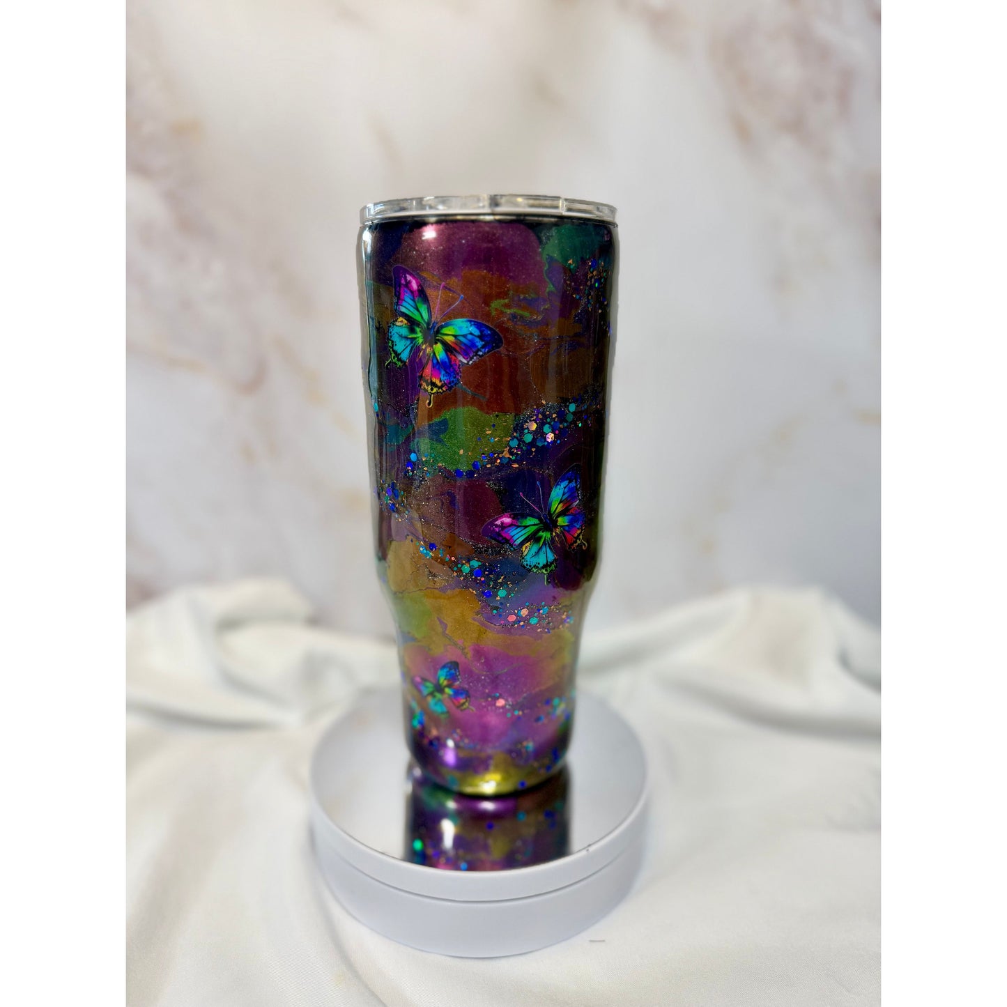 #511 Chameleon Chrome Glitter and Butterfly 24oz Handle Tumbler