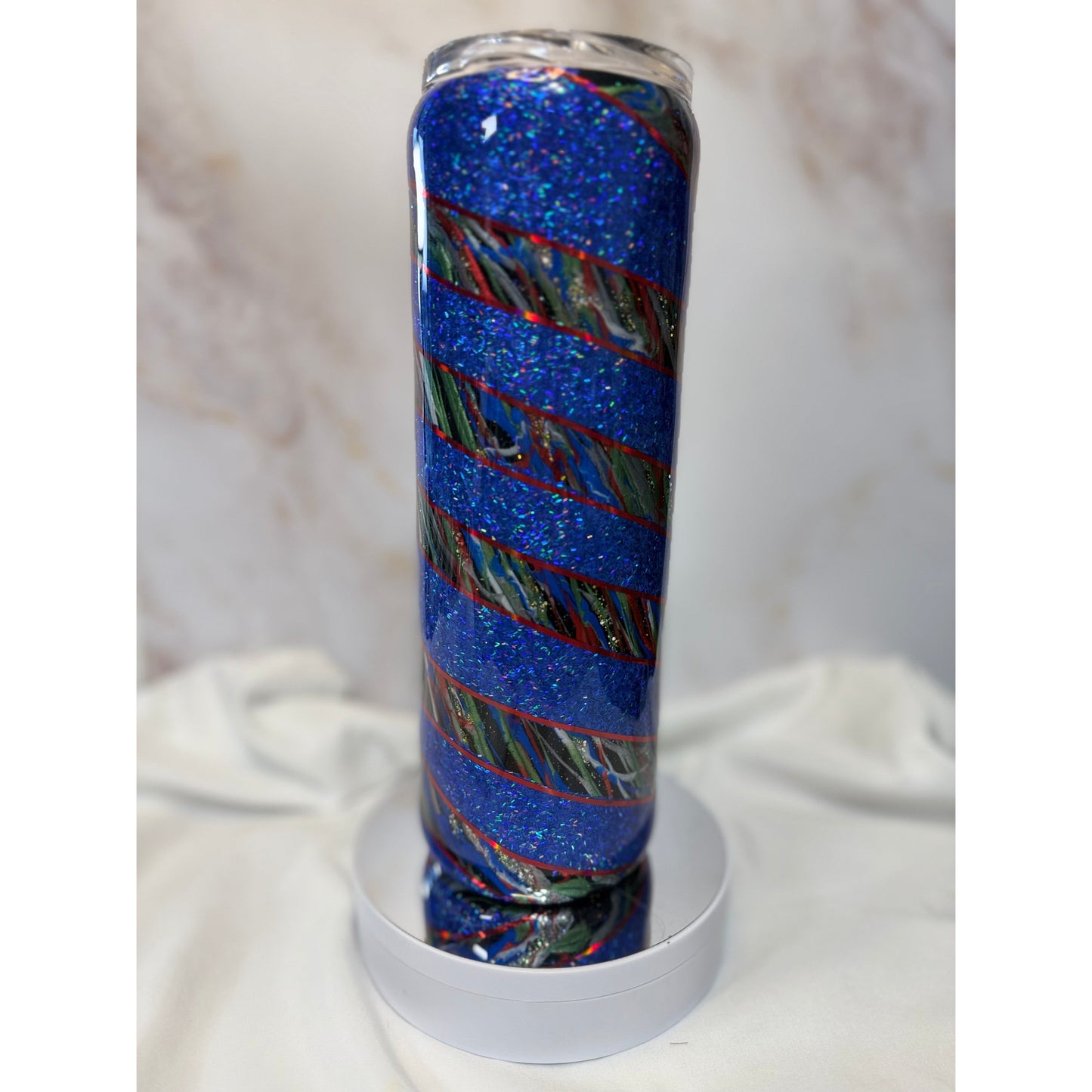 #513 Blue Glitter with Multi-colored pigment Swirl on 30oz Stainless Steel Tumb