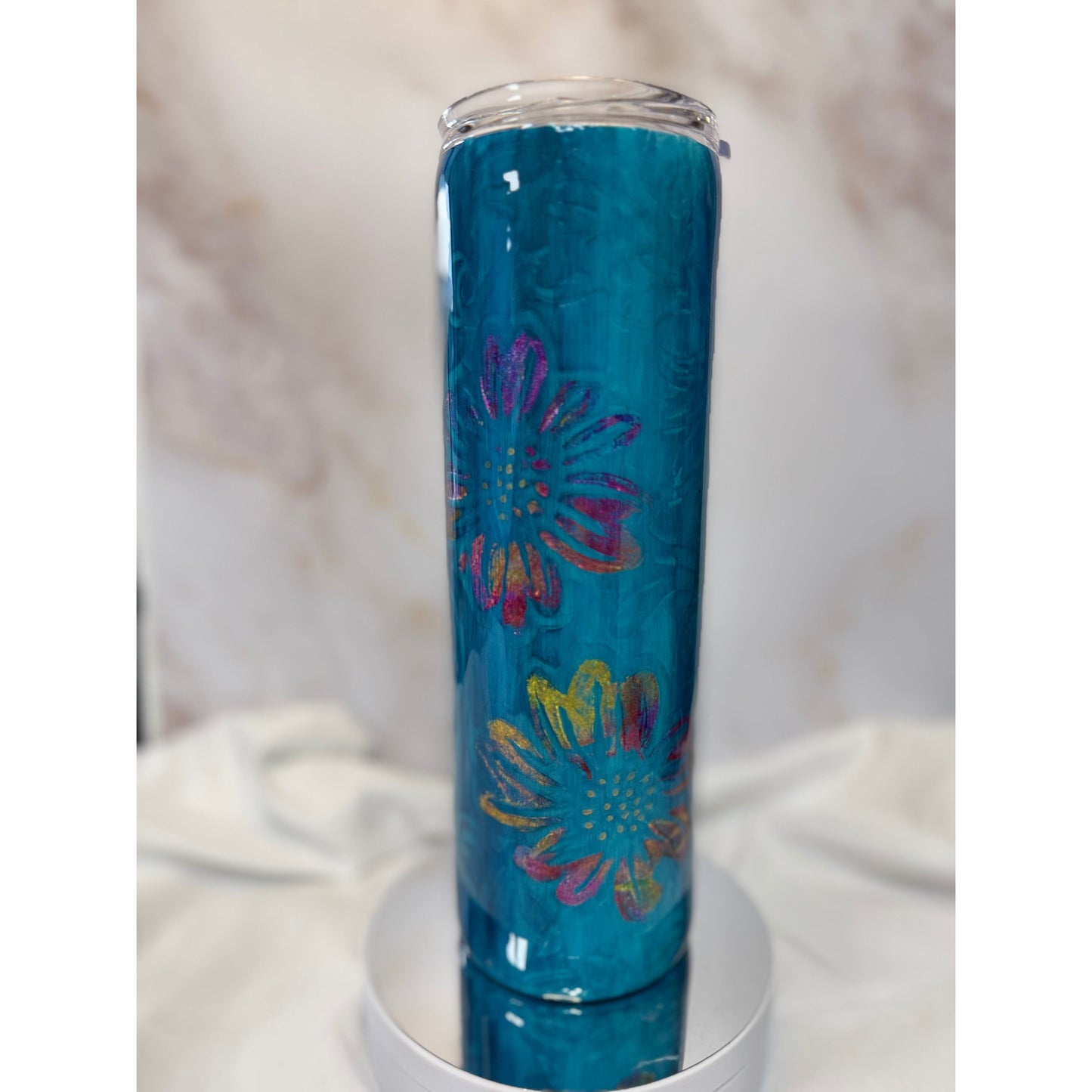 #518 Aqua Wood Grain with Foiled Flowers 30oz Tumbler