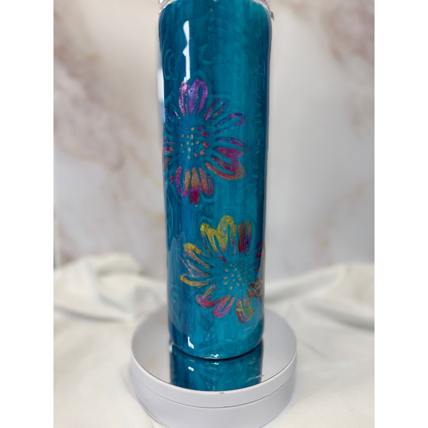 #518 Aqua Wood Grain with Foiled Flowers 30oz Tumbler