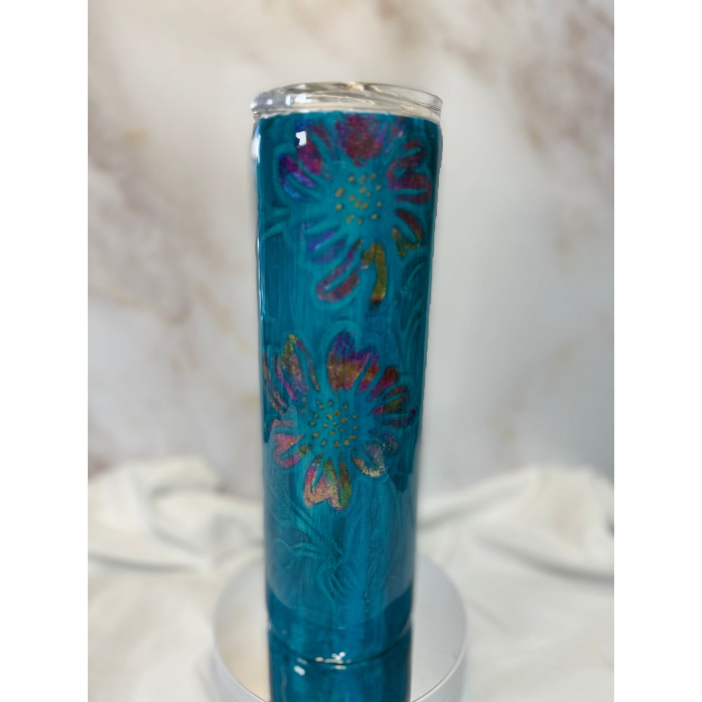 #518 Aqua Wood Grain with Foiled Flowers 30oz Tumbler