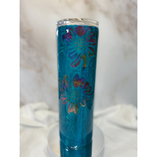 #518 Aqua Wood Grain with Foiled Flowers 30oz Tumbler