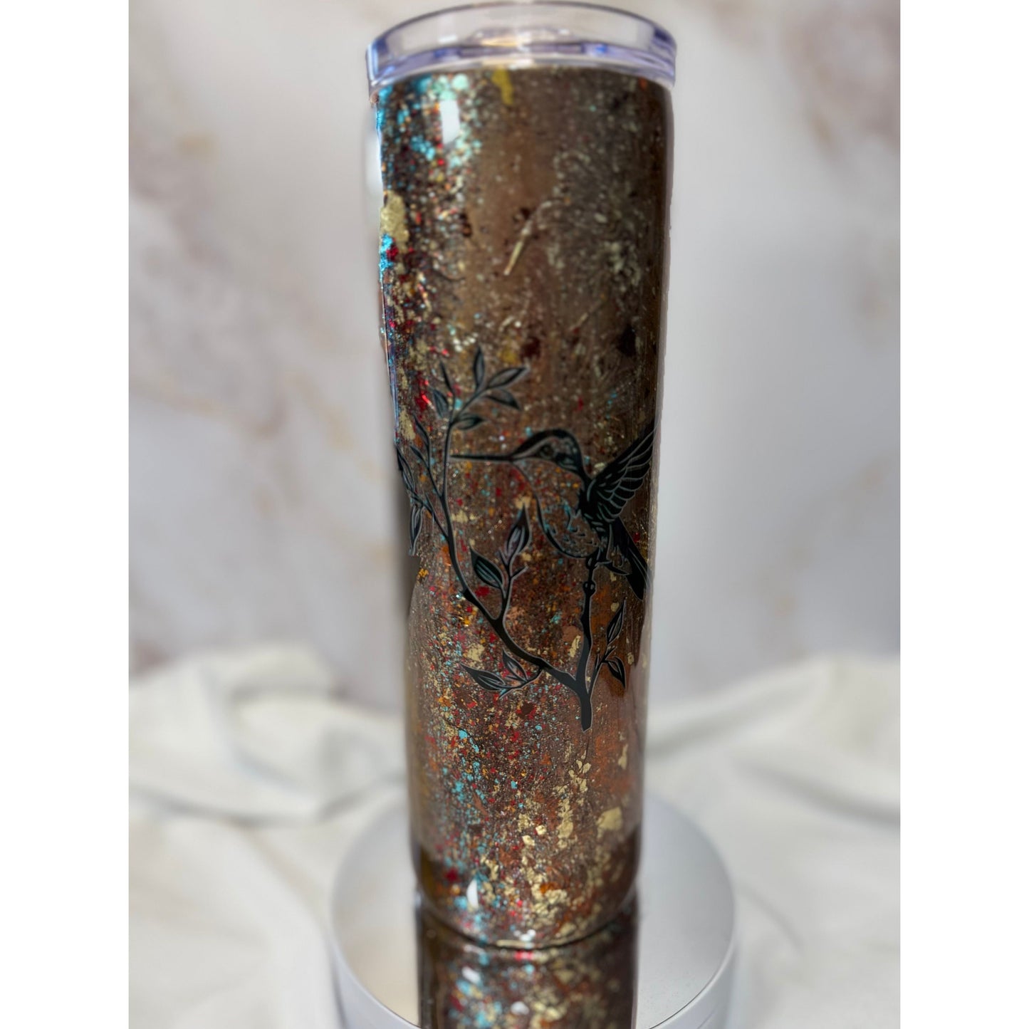 #525 Bronze Foil Flake Sunflower Hummingbird Tumbler