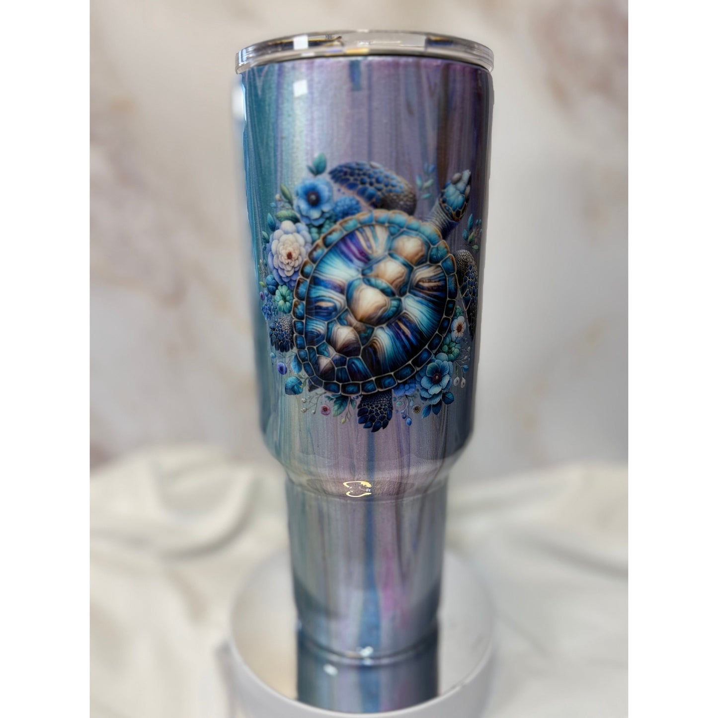 #527 Paint Pour in Purples and Blues with Turtle Design Tumbler