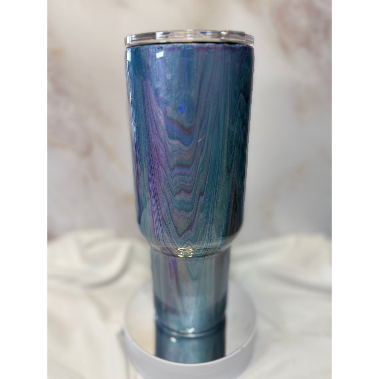 #527 Paint Pour in Purples and Blues with Turtle Design Tumbler