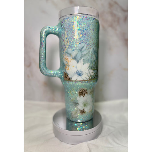 #600 Traveler 40oz Stainless Glow Glitter with White Poinsettia's