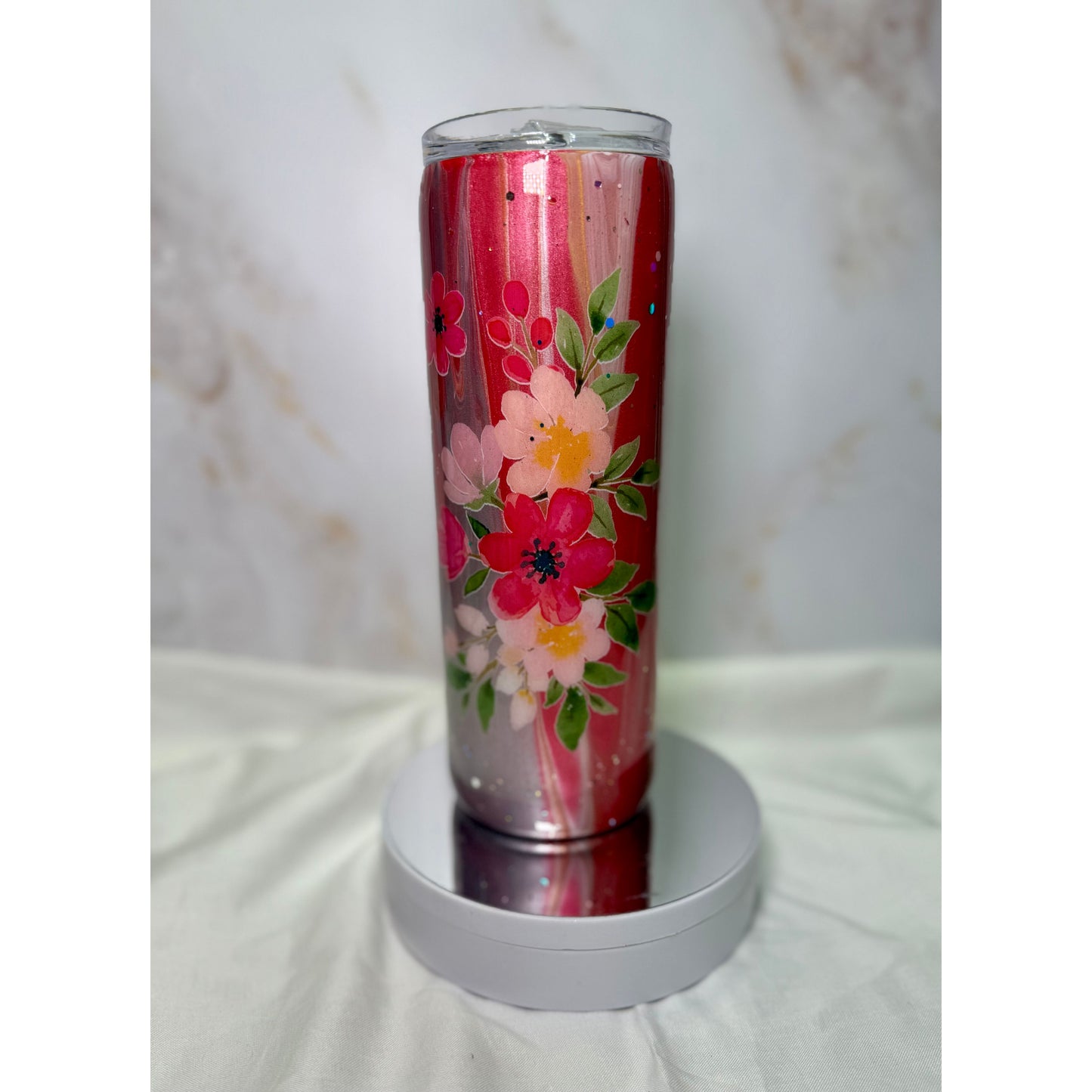 #603 Paint Pour Floral Red and Pink Flowers on 20oz Stainless Tumbleer